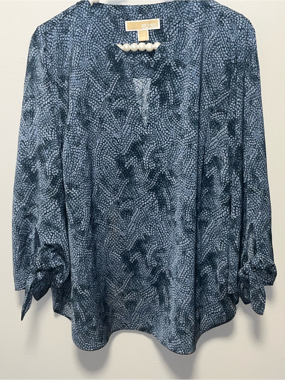 MICHAEL Michael Kors Blue Leaf Print Split-Neck Blouse Size L Large Tie Sleeve
